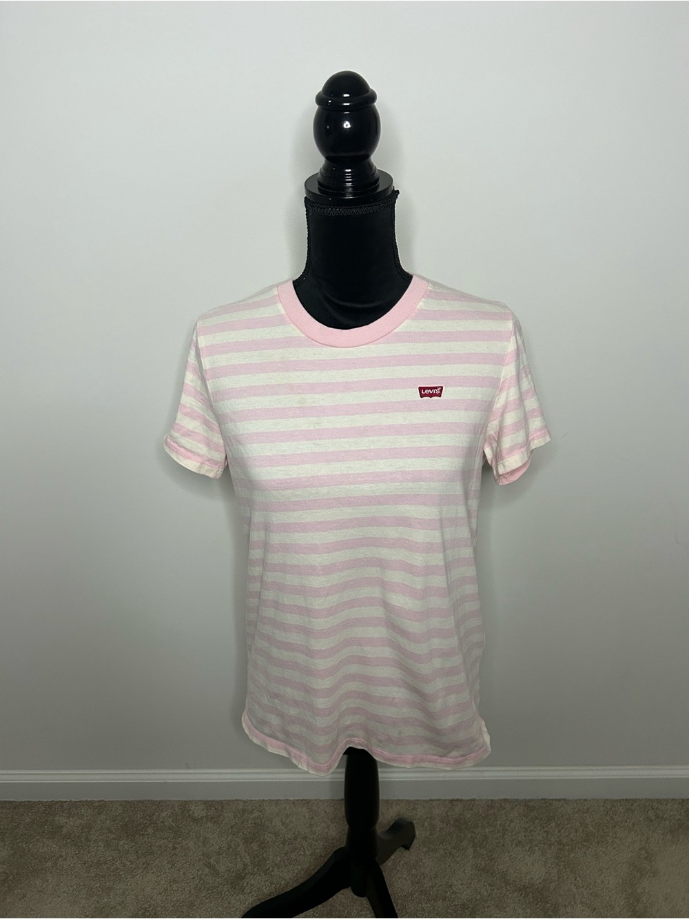 Levi's Pink & White Striped Tee with Red Logo Patch